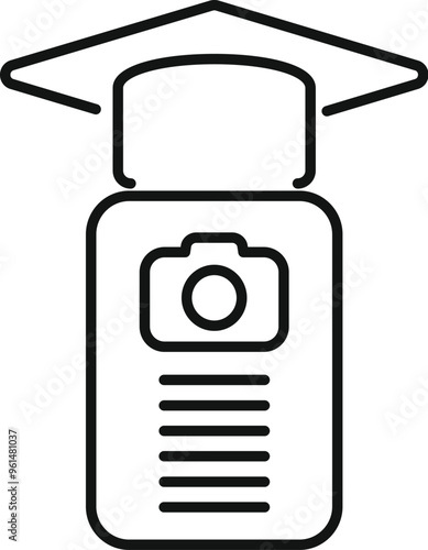 Simple vector showing a graduation cap placed above a smartphone with a camera inside, representing a photography course