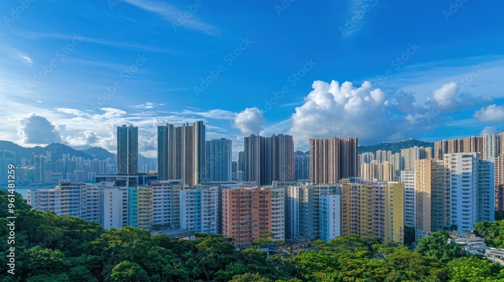 Hong Kong Cityscape with Blue Sky and Fluffy Clouds Hong Kong Cityscape with Blue Sky and Fluffy Clouds