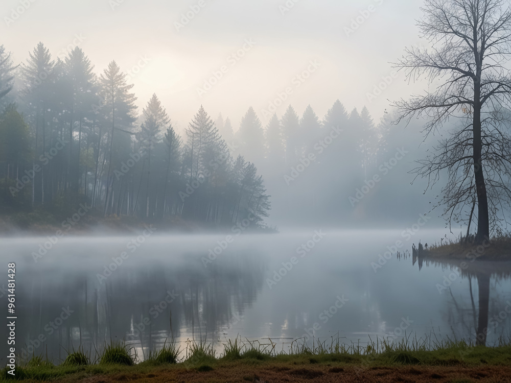Lake in a coniferous forest covered with fog. Mystical landscape. Lake in a coniferous forest covered with fog. Mystical landscape.
