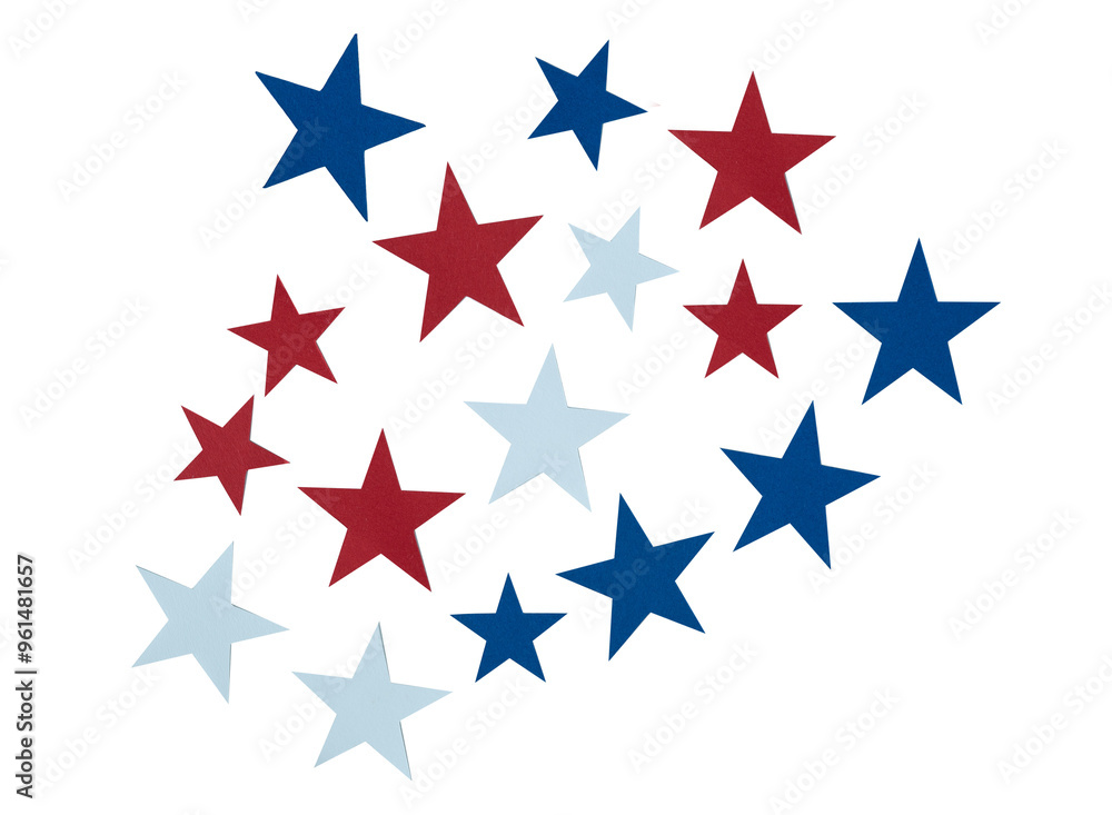 Red, blue and white paper stars of different sizes. Red, blue and white paper stars of different sizes.