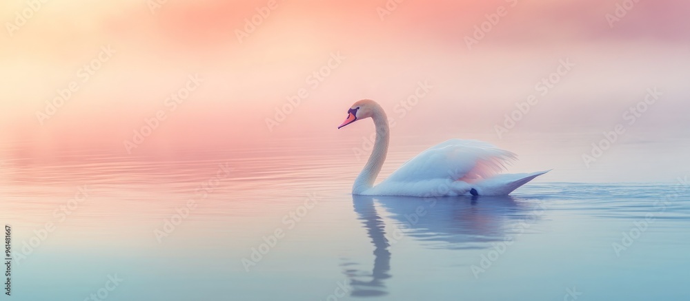 Obraz premium Swan on a Calm Lake with Pink Sunset