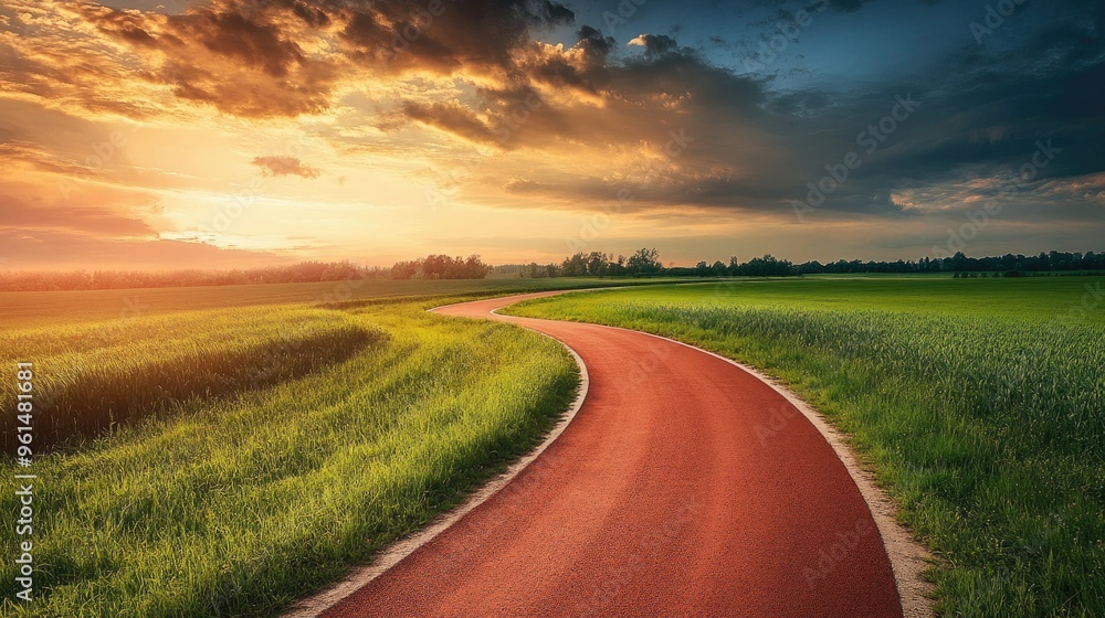 Fototapeta premium A running track curving through green fields with a dramatic sky in the background.