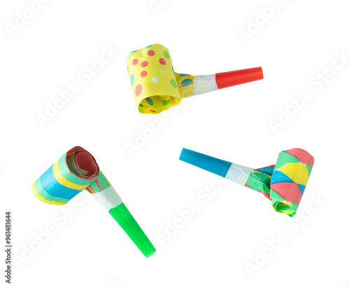 three party blowers in different colors.