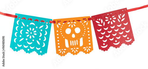 Mexican decoration, papel picado of different colors for celebration of the day of the dead. photo