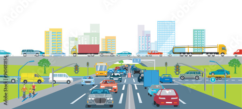Stadtsilhouette einer Großstadt mit Verkehr,  illustration -.eps