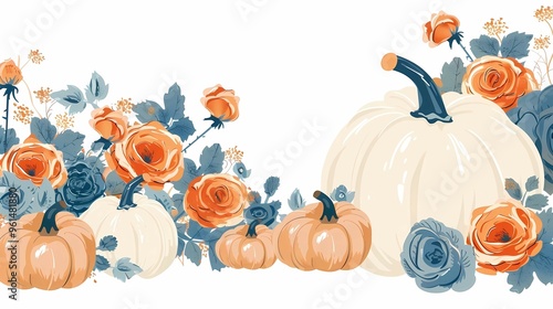 greeting card with flat illustration depicting a large white pumpkin and many small pumpkins next to it with blue and orange flowers and blue blooming roses drawn in the background, concept for greeti photo