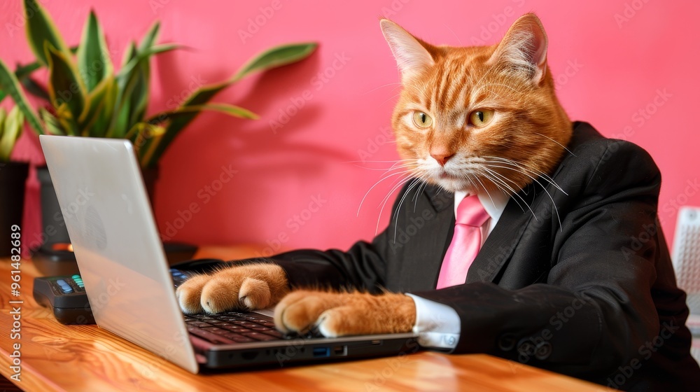 Ginger Cat in Suit Typing on Laptop, Business Cat, Funny Cat Boss Working Remotely on a Wooden Desk Ginger Cat in Suit Typing on Laptop, Business Cat, Funny Cat Boss Working Remotely on a Wooden Desk
