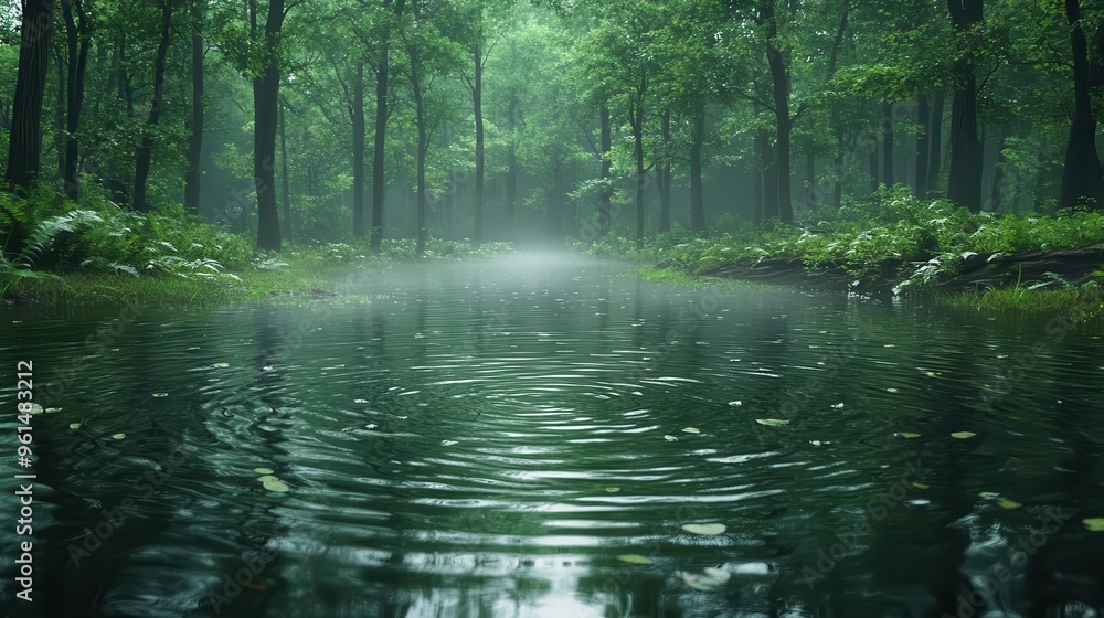 misty forest glade on a rainy day soft droplets creating ripples in a tranquil pond surrounded by lush greenery misty forest glade on a rainy day soft droplets creating ripples in a tranquil pond surrounded by lush greenery
