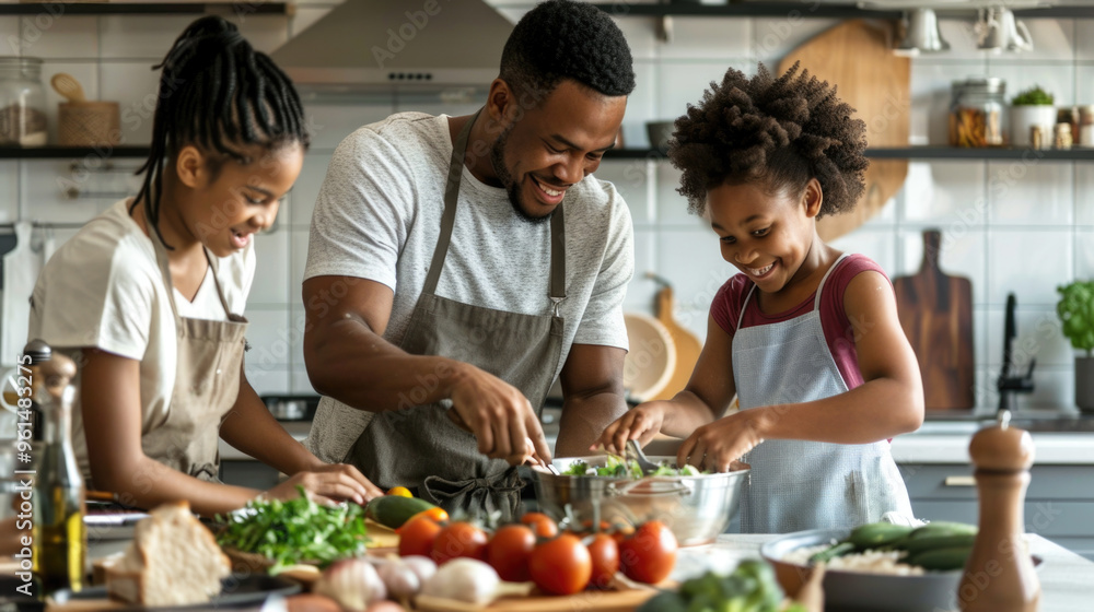 Father and Daughters Cooking Together in a Modern Kitchen, Preparing a Healthy Meal with Fresh Vegetables and Smiling Father and Daughters Cooking Together in a Modern Kitchen, Preparing a Healthy Meal with Fresh Vegetables and Smiling