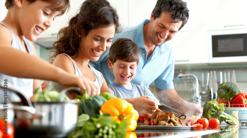 Happy Family Cooking Together in Modern Kitchen with Fresh Vegetables and Smiling Faces Happy Family Cooking Together in Modern Kitchen with Fresh Vegetables and Smiling Faces