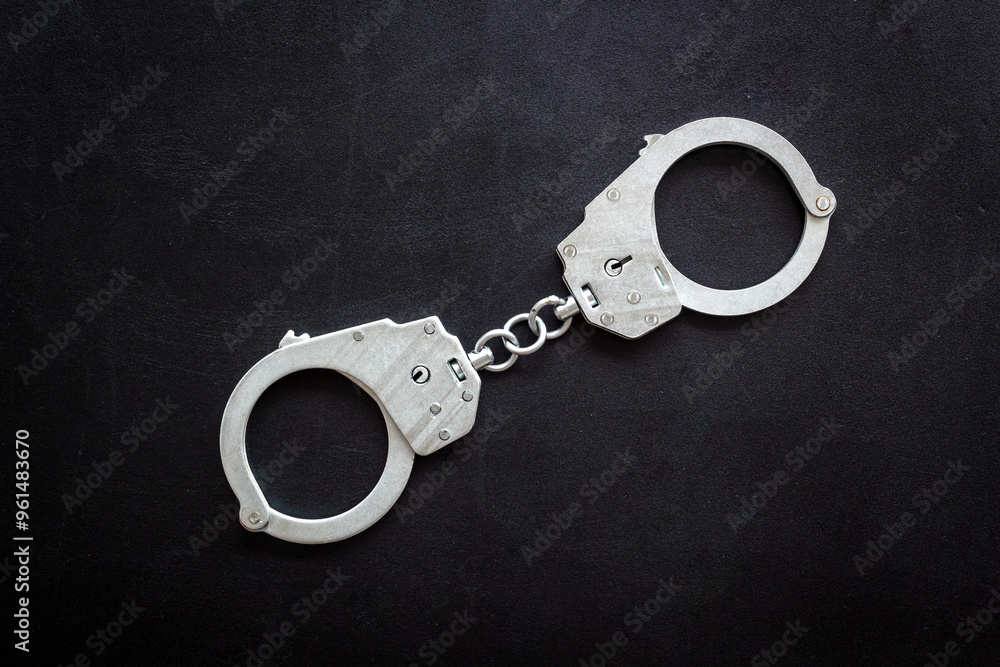 Police metal handcuffs top view. Criminal offense and detention concept Police metal handcuffs top view. Criminal offense and detention concept