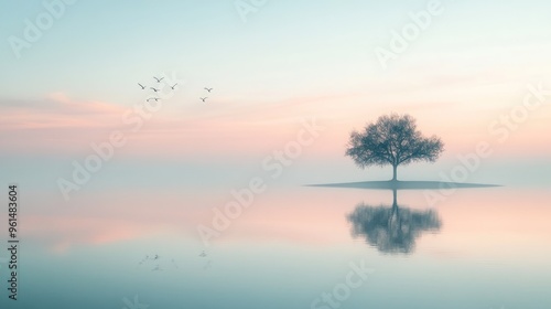 Solitary Tree Reflecting in a Serene Lake