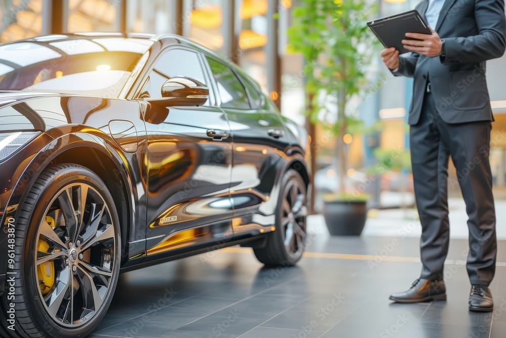 Car Dealer Holding Digital Tablet, Reviewing Insurance Policy for New Vehicle in Showroom Car Dealer Holding Digital Tablet, Reviewing Insurance Policy for New Vehicle in Showroom