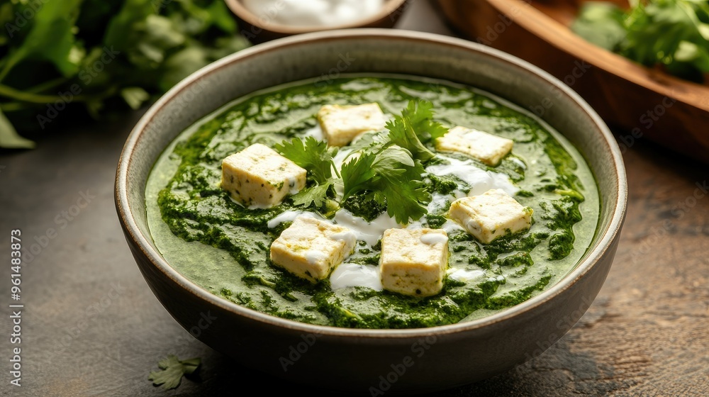Palak Paneer served in a bowl, garnished with cream and coriander. Copy space available. Palak Paneer served in a bowl, garnished with cream and coriander. Copy space available.
