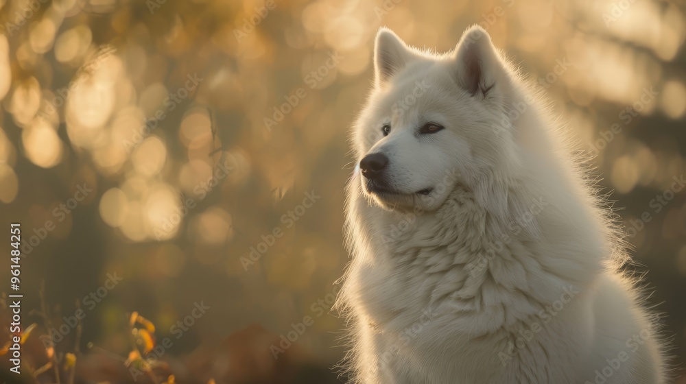 Obraz premium A white dog, nose to nose with grass, lies in a sunlit field Trees frame the scene in the background, their leaves bathed in sunlight Sunlight illuminates the
