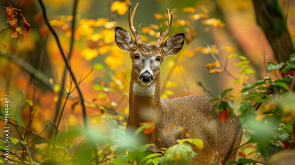 A deer posed in a forest teeming with trees and a vibrant carpet of yellow and orange flowers under the sun's rays A deer posed in a forest teeming with trees and a vibrant carpet of yellow and orange flowers under the sun's rays