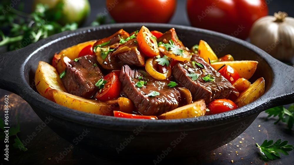 Delicious Lomo Saltado with fried pieces of beef, onions and potatoes, Peruvian cuisine Delicious Lomo Saltado with fried pieces of beef, onions and potatoes, Peruvian cuisine