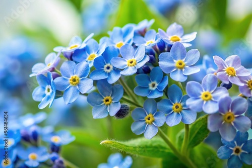 Delicate, velvety-blue petals of forget-me-not flowers cluster together, surrounded by lush green foliage, against a soft, creamy white background, evoking a sense of serenity.