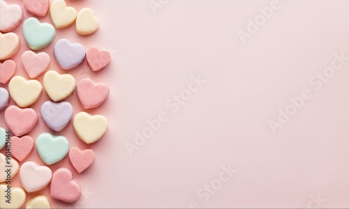 Heart-shaped candies on pink background