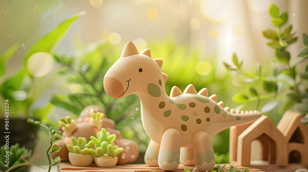 Fototapeta premium Cute Wooden Dinosaur Doll Painted with Pastel Colors with Blurry Light Green Background