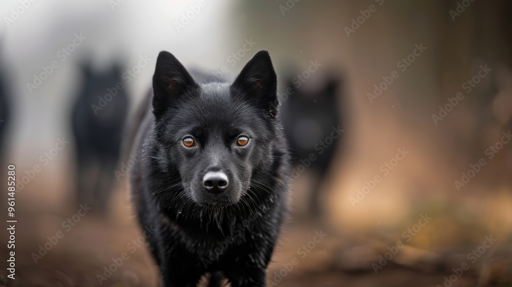 A black dog stands before a group of black dogs on a dirt road, surrounded by trees in the background A black dog stands before a group of black dogs on a dirt road, surrounded by trees in the background
