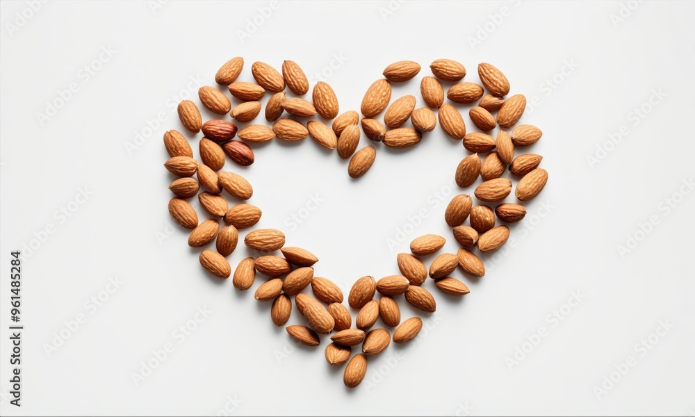 Almonds arranged in heart shape on a white background Almonds arranged in heart shape on a white background