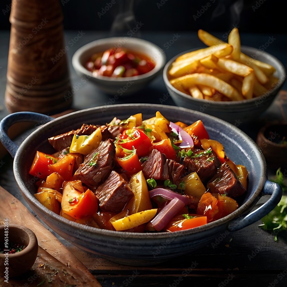 Delicious Lomo Saltado with fried pieces of beef, onions and potatoes, Peruvian cuisine Delicious Lomo Saltado with fried pieces of beef, onions and potatoes, Peruvian cuisine