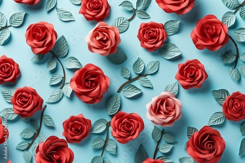 Arrangement of red flowers against a blue background. Blooming concept. Flat lay