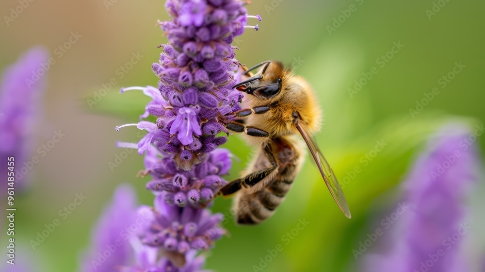 A tight shot of a bee hovering over a purple bloom Background softly blurred A tight shot of a bee hovering over a purple bloom Background softly blurred