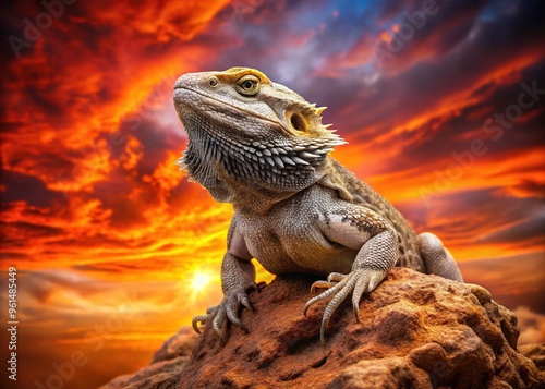 Fiery orange and crimson hues surround a fearless bearded dragon, its puffed throat and spiky crest majestically poised on a rocky outcropping. photo