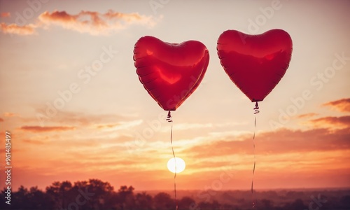 Two red heart-shaped balloons ascend into the sky against a vibrant sunset