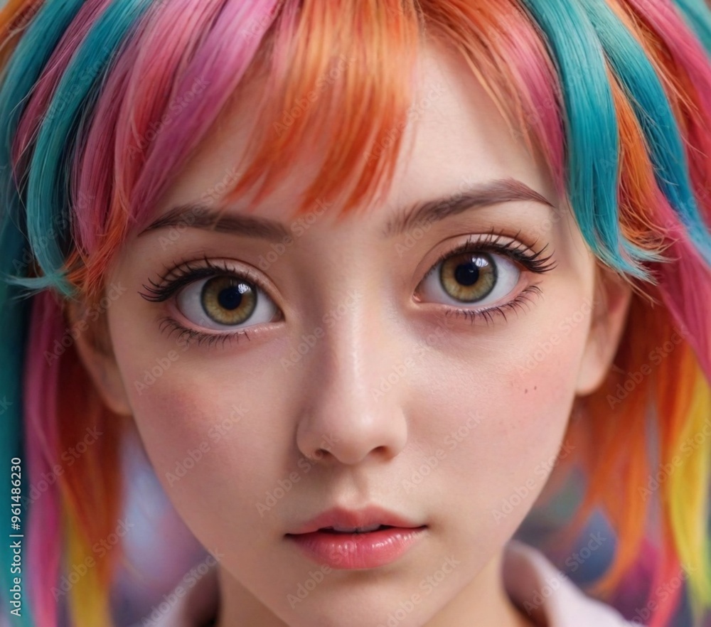 Close-up of an anime-inspired girl with large, expressive eyes and colorful hair, featuring detailed and soft lighting. Close-up of an anime-inspired girl with large, expressive eyes and colorful hair, featuring detailed and soft lighting.