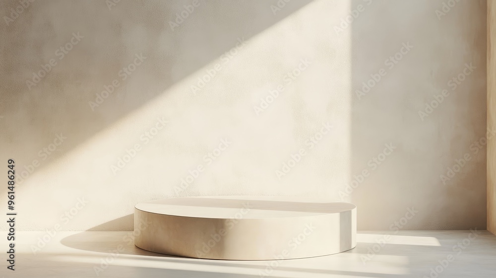 A modern, minimalist beige podium bathed in soft sunlight, ideal for showcasing products with a clean, elegant aesthetic. The podium is set against a neutral background, creating a simple and refined A modern, minimalist beige podium bathed in soft sunlight, ideal for showcasing products with a clean, elegant aesthetic. The podium is set against a neutral background, creating a simple and refined