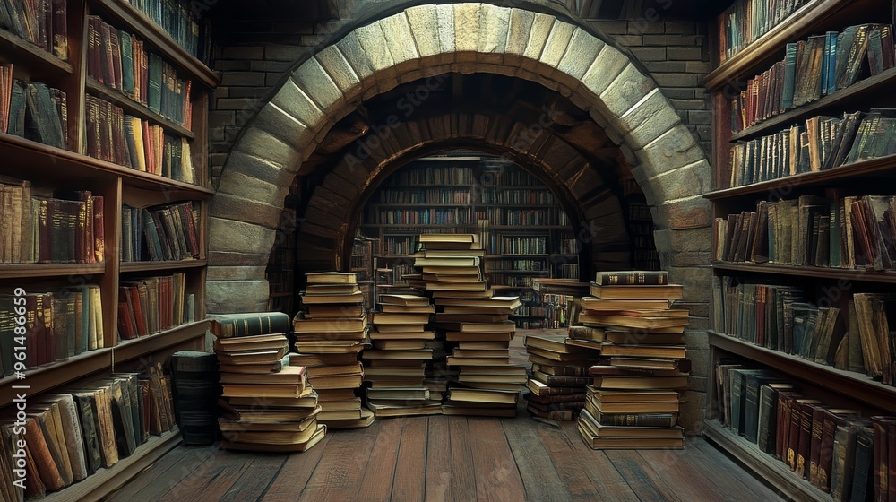 Obraz premium A mysterious and intriguing library with a large stone archway, leading to a vast collection of books. Stacks of books are piled high, symbolizing knowledge, history, and the pursuit of learning. The 