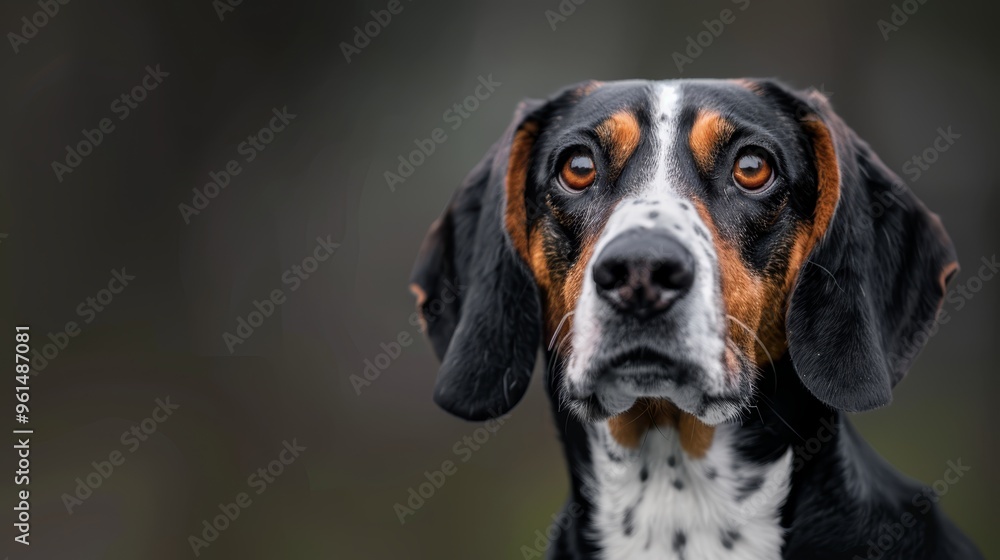 A tight shot of a dog's expressive face Background features a black, brown, and white canine A tight shot of a dog's expressive face Background features a black, brown, and white canine