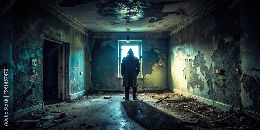 Ominous dark silhouette of an unknown figure lurks in the corner of a dimly lit, abandoned room with peeling walls and flickering fluorescent lights. Ominous dark silhouette of an unknown figure lurks in the corner of a dimly lit, abandoned room with peeling walls and flickering fluorescent lights.