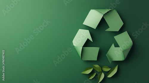 A paper recycling symbol made from green paper on a green background, with small green leaves scattered underneath. This image represents sustainability, environmentalism, and the importance of recycl photo