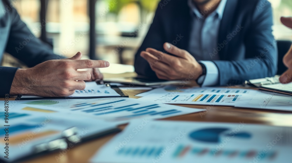 During a business meeting, a businessman and his colleagues are seen discussing financial documents. The close-up of their hands and papers sets the stage for a product launch mock-up During a business meeting, a businessman and his colleagues are seen discussing financial documents. The close-up of their hands and papers sets the stage for a product launch mock-up