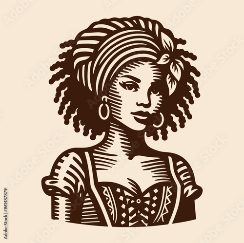 Beautiful young Caribbean woman in ethnic clothing portrait. Vintage retro engraving vector emblem, print, illustration