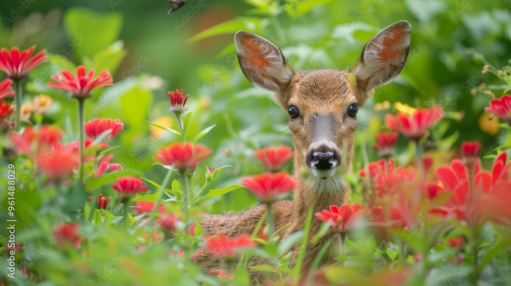 A tight shot of a deer in a flower-filled meadow with a winged creature flying overhead among the blooms A tight shot of a deer in a flower-filled meadow with a winged creature flying overhead among the blooms