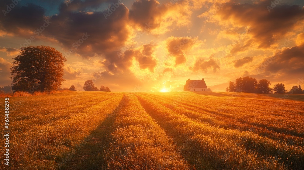 A picturesque scene of a golden sunset over a peaceful countryside. The setting sun casts a warm glow on a field of golden grass, with a small farmhouse silhouetted in the distance. The sky is ablaze A picturesque scene of a golden sunset over a peaceful countryside. The setting sun casts a warm glow on a field of golden grass, with a small farmhouse silhouetted in the distance. The sky is ablaze