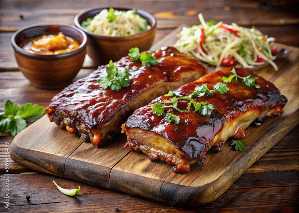 Savory, succulent BBQ ribs smoked to perfection, with a sweet and tangy glaze, served with a side of crispy coleslaw on a wooden platter. Savory, succulent BBQ ribs smoked to perfection, with a sweet and tangy glaze, served with a side of crispy coleslaw on a wooden platter.