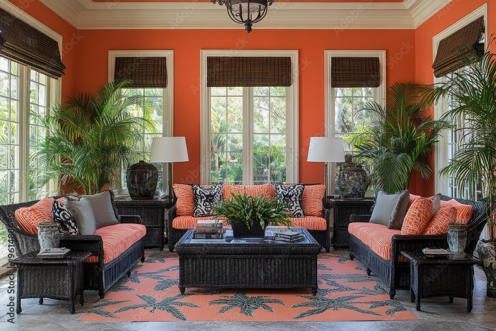 Fototapeta premium A vibrant living room with tropical decor and comfortable seating.