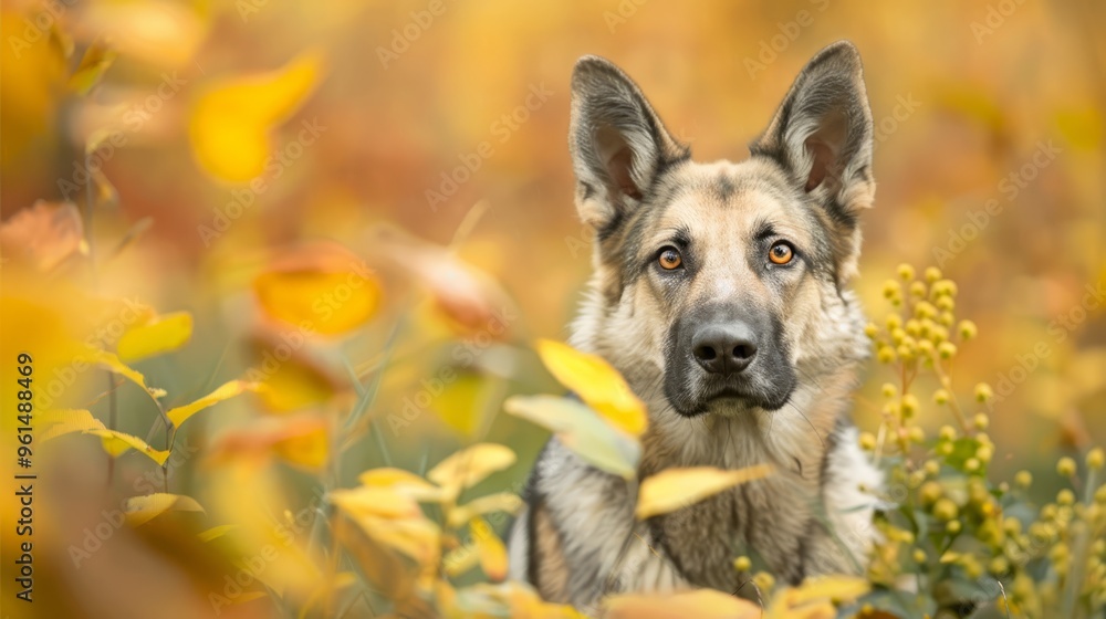 A sad-eyed dog gazes at the camera from up close amidst a blooming field of flowers A sad-eyed dog gazes at the camera from up close amidst a blooming field of flowers