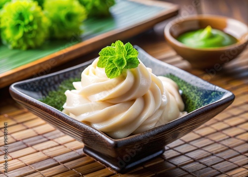 Tender Shirako morsels glisten with creamy white richness, served with a dollop of soy sauce and a sprig of fresh green wasabi. photo