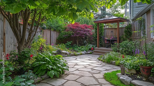 A beautiful small urban garden full of color and beauty, filled with a variety of trees, shrubs and perennials