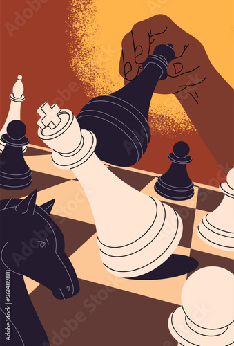 Checkmate to white king, win, victory. Hand moves chess figure on chessboard. People play tactic board games with chessmen. Poster with concept of success business strategy. Flat vector illustration