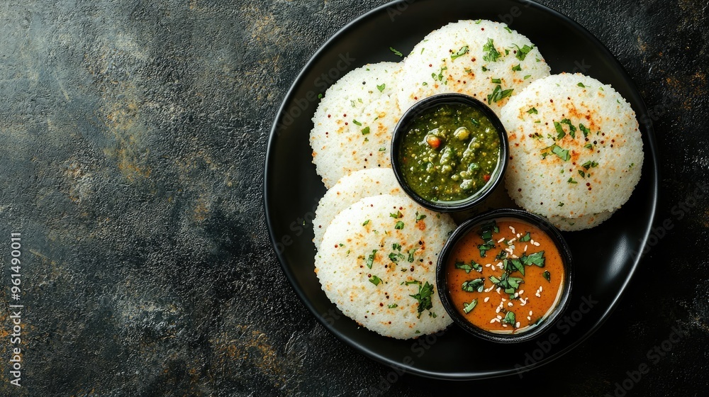 Rava idli served with chutney and sambar, a soft and fluffy breakfast option. Top view with copy space. Rava idli served with chutney and sambar, a soft and fluffy breakfast option. Top view with copy space.