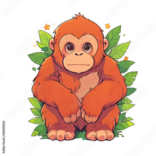 Cute Orange Orangutan Sitting in Green Leaves photo