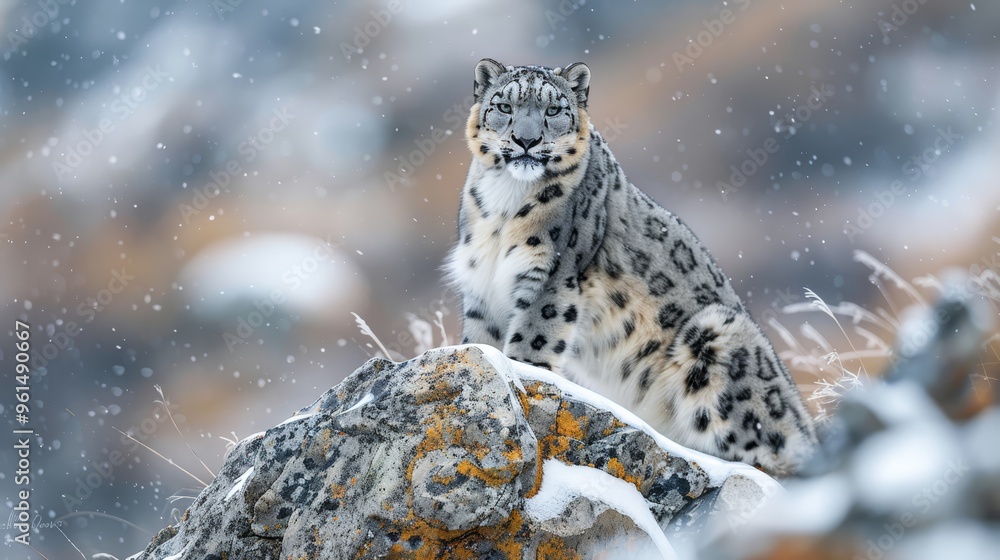 Obraz premium A snow leopard atop a rock in a snowy field, surrounded by trees in the background